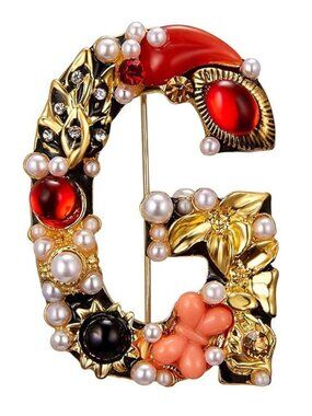 Walbest Brooch Pins Rhinestone Faux Pearl Letter G